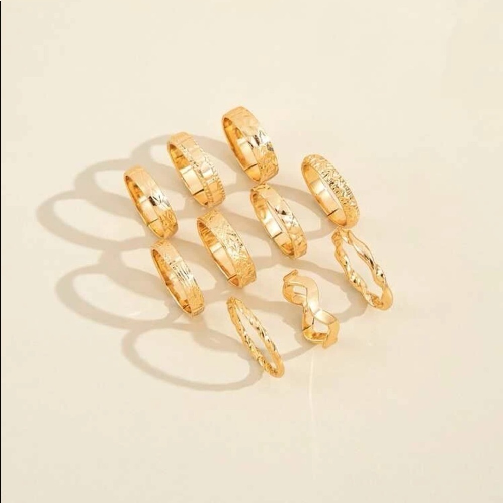 𝅺3/$30 Gold 10pc Textured Ring Set - Picture 2 of 3